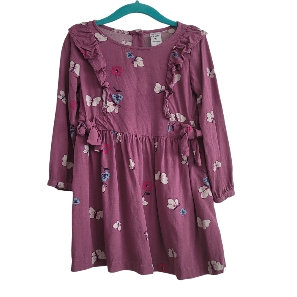 Carter's 3T Purple Ruffle Butterfly Floral Long Sleeve Dress - Picture 2 of 6